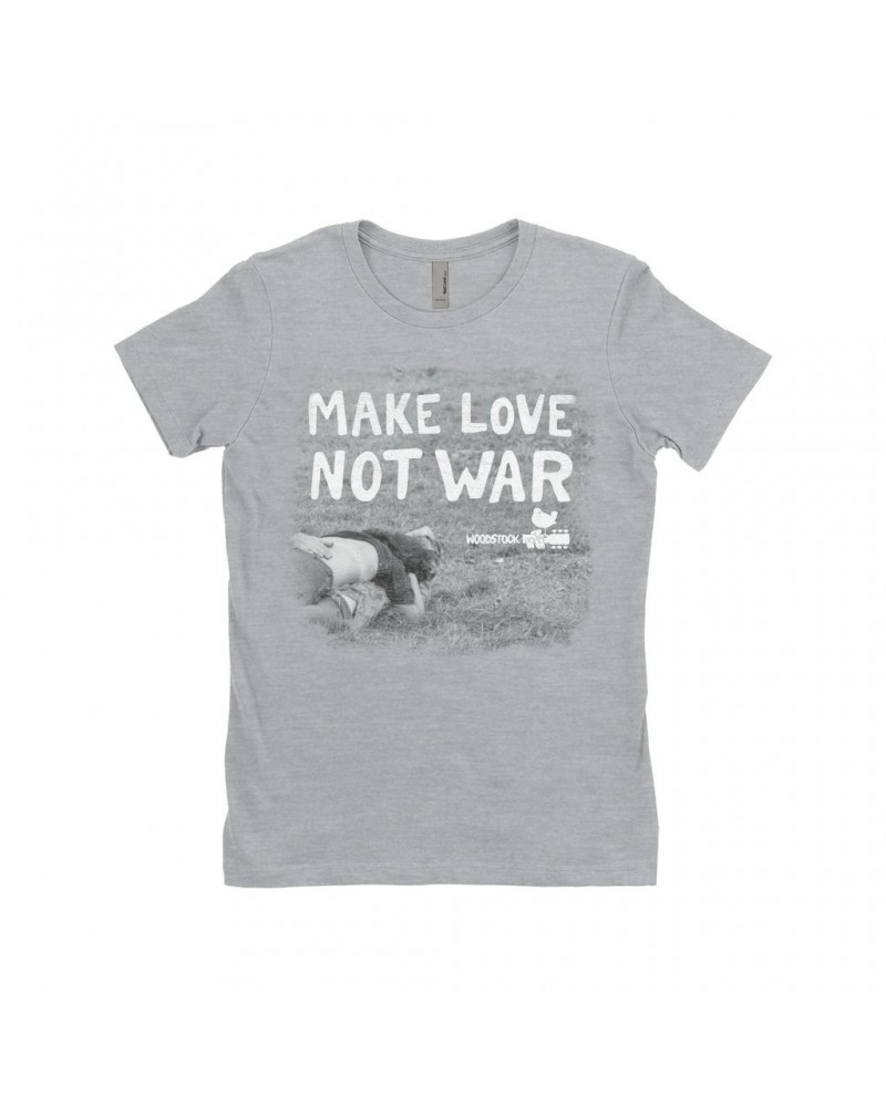 Woodstock Ladies' Boyfriend T-Shirt | Make Love Not War Famous Image Distressed Shirt $10.48 Shirts