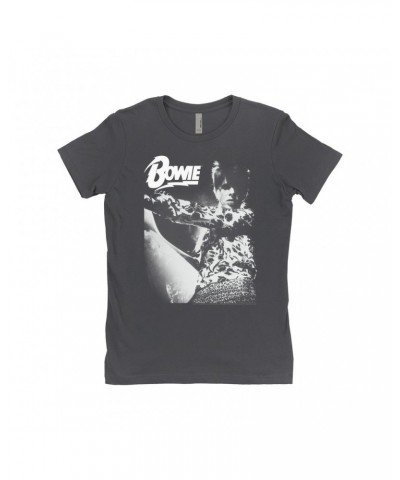 David Bowie Ladies' Boyfriend T-Shirt | Bowie Logo And Photo In White Shirt $7.73 Shirts