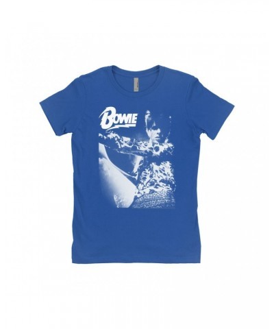 David Bowie Ladies' Boyfriend T-Shirt | Bowie Logo And Photo In White Shirt $7.73 Shirts