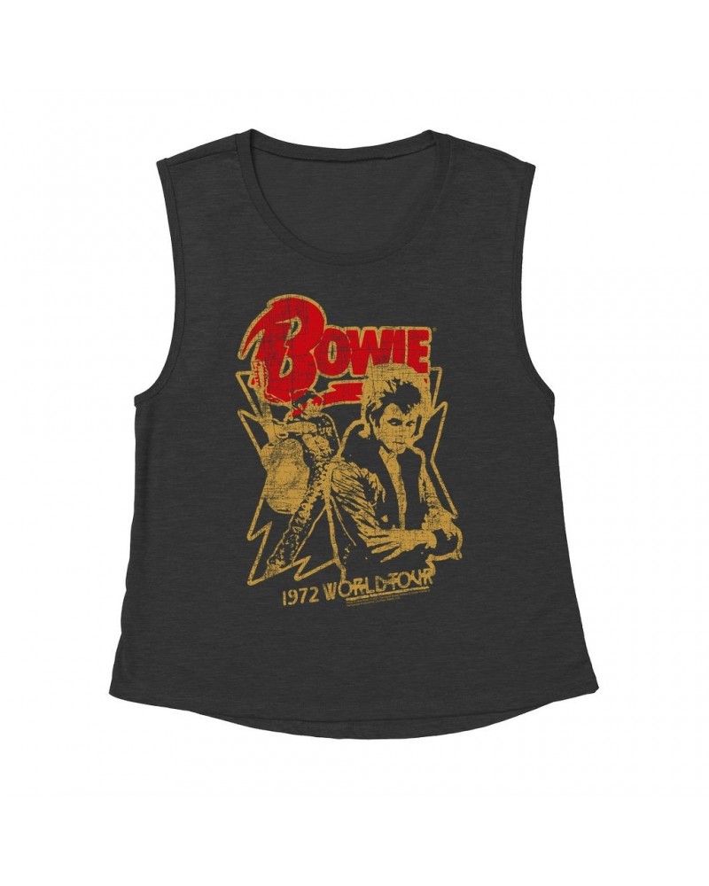 David Bowie Ladies' Muscle Tank Top | 1972 World Tour Design Distressed Shirt $10.54 Shirts