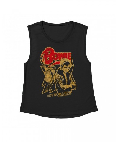 David Bowie Ladies' Muscle Tank Top | 1972 World Tour Design Distressed Shirt $10.54 Shirts