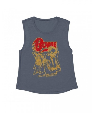 David Bowie Ladies' Muscle Tank Top | 1972 World Tour Design Distressed Shirt $10.54 Shirts